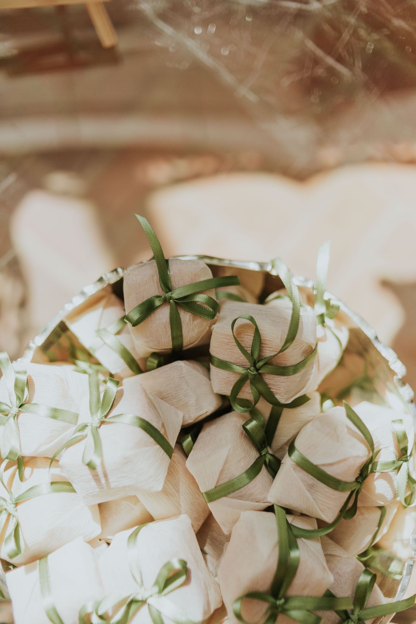 Wedding favours and gifts arranged on a table